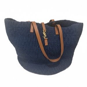 Yves Saint Laurent Panier Dark Blue Tote with Brown Straps in Woven Raffia